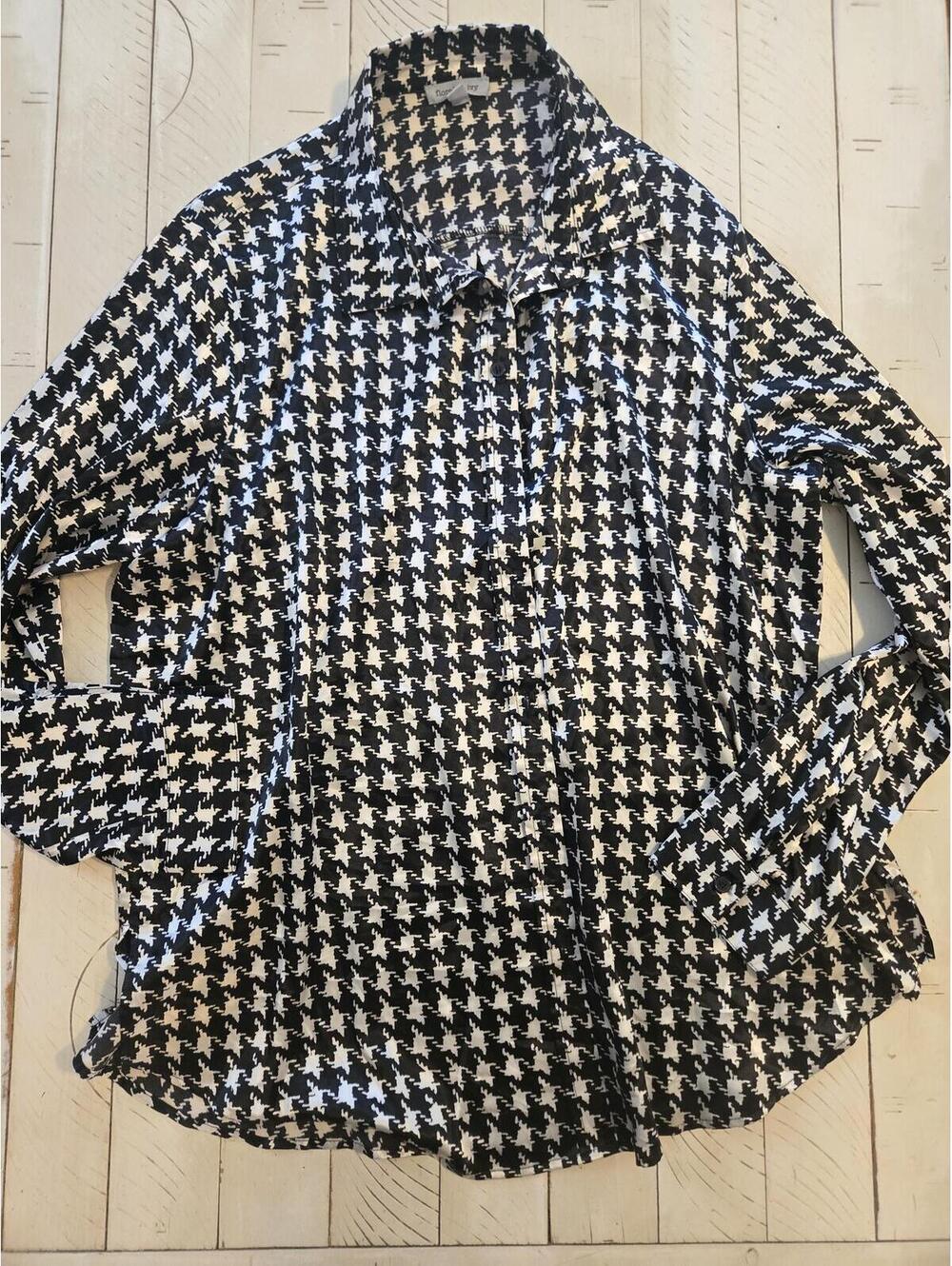 Floral & Ivy Black White Houndstooth Button Front Blouse Size XL